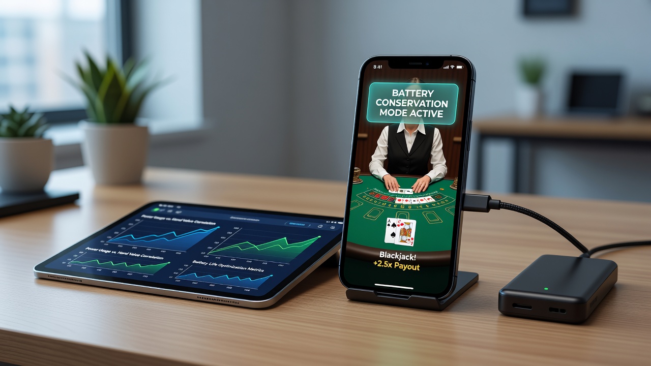 Analyse von Handchancen während einer Live-Blackjack-Session auf einem Tablet mit Energiesparanzeige
