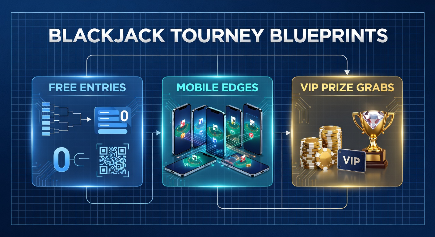 Turnierteilnehmer bei einem Blackjack-Turnier, die Karten auf einem digitalen Tisch analysieren, während Preise im Hintergrund glänzen