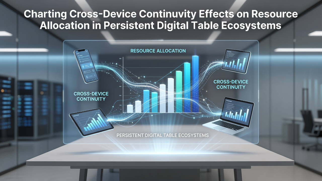 Diagramm zur Cross-Device-Kontinuität in digitalen Tabellenökosystemen mit Gerätevernetzung und Ressourcenflüssen