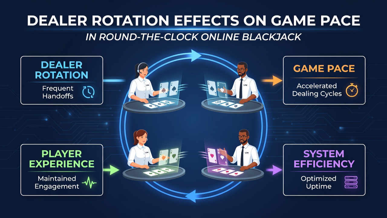 Dealer bei der Rotation an einem Live-Blackjack-Tisch mit mehreren Karten und Chips