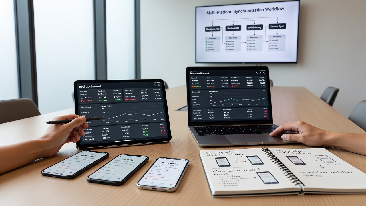 Illustration eines Spielers mit mehreren Geräten und synchronisierten Bankroll-Daten in verschiedenen Zeitzonen