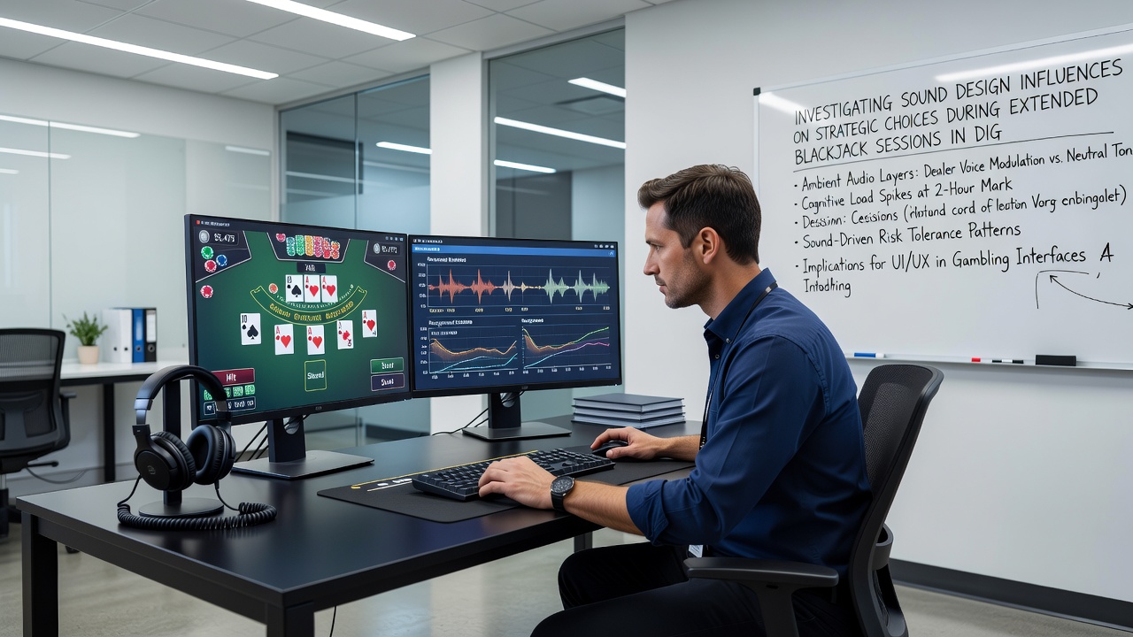 Darstellung akustischer Einflüsse auf Blackjack-Strategien mit Visualisierungen von Soundwellen und Entscheidungspfaden in digitalen Sessions