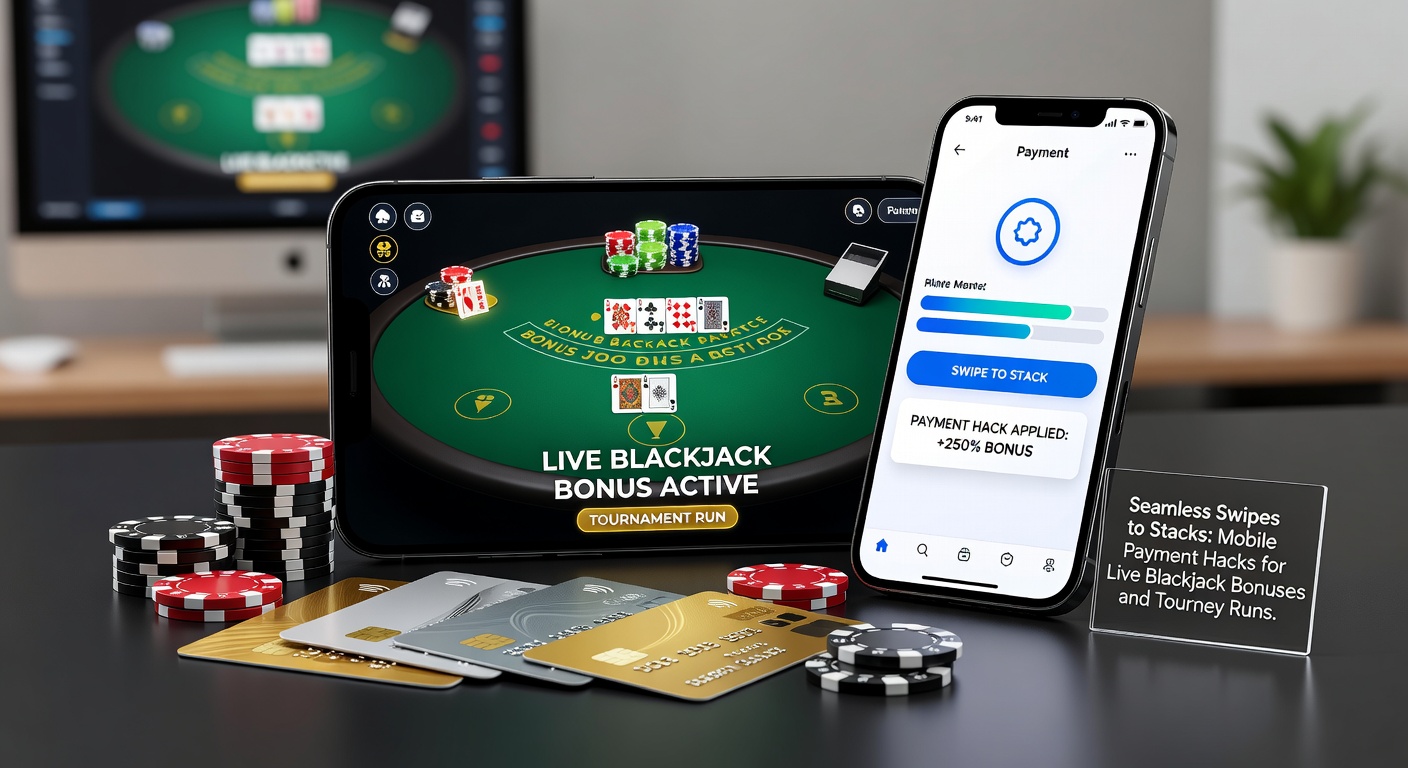 Smartphone mit Live-Blackjack-App und Swipe-Zahlung, Stapel von Chips im Hintergrund