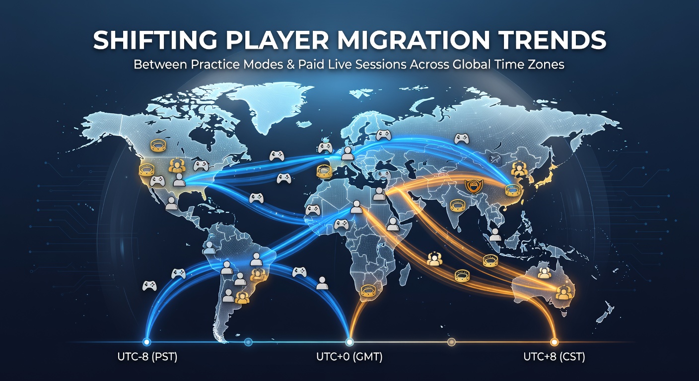 Darstellung globaler Spielermigrationstrends zwischen Übungs- und Live-Modi über Zeitzonen